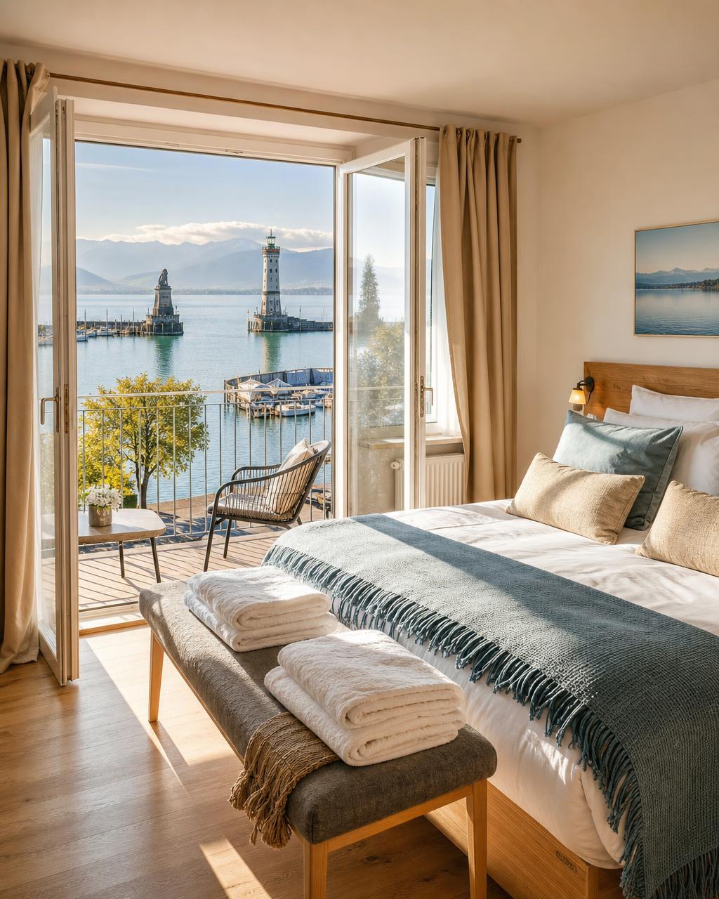 Helles Schlafzimmer mit offener Balkontür und direktem Blick auf den Lindauer Hafen, Leuchtturm und den Bodensee