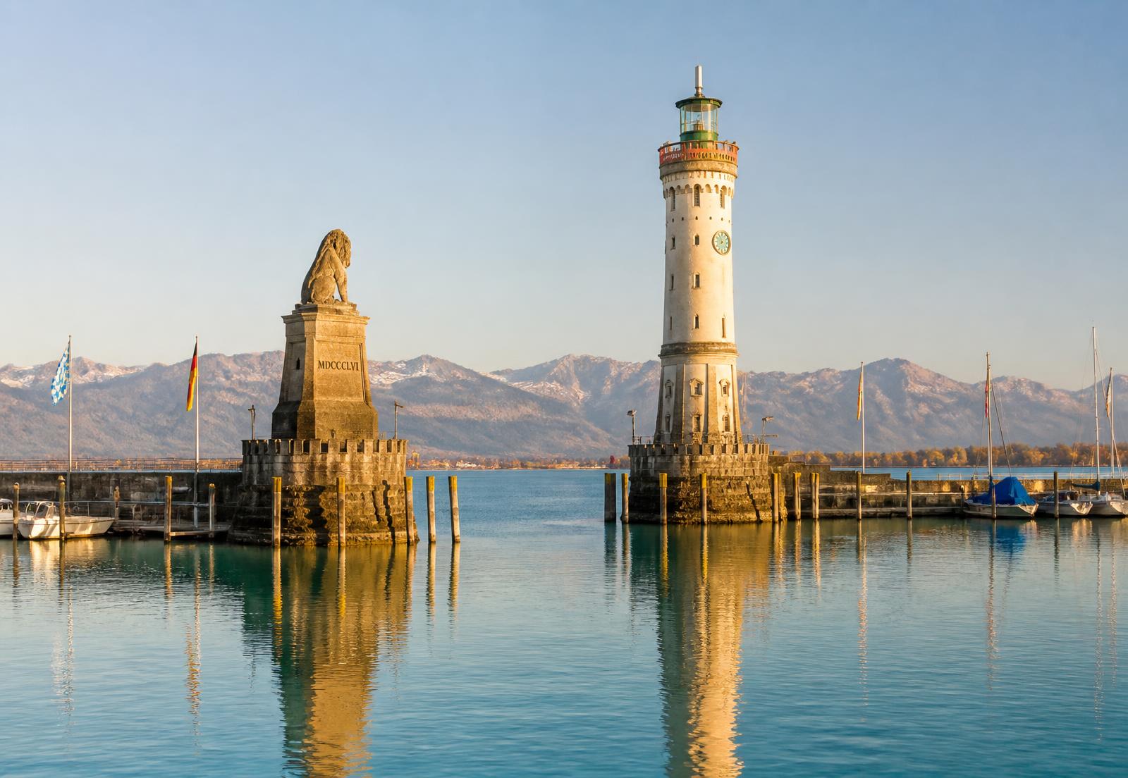 Hafen von Lindau am Bodensee mit Leuchtturm und Bayerischem Löwen